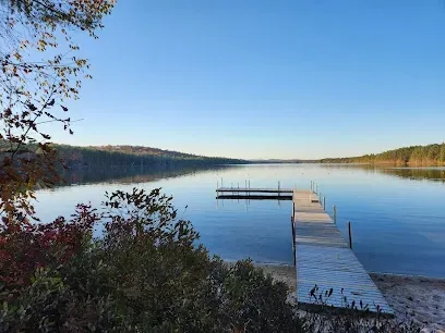 Chimney-Sweep-Portland-Calm lake scene with a wooden dock extending into the water, surrounded by lush trees under a clear blue sky, creating a serene and peaceful atmosphere.