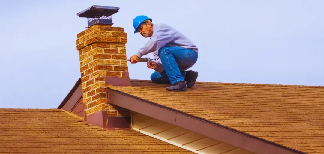 A man is working on a chimney on the roof of a house.