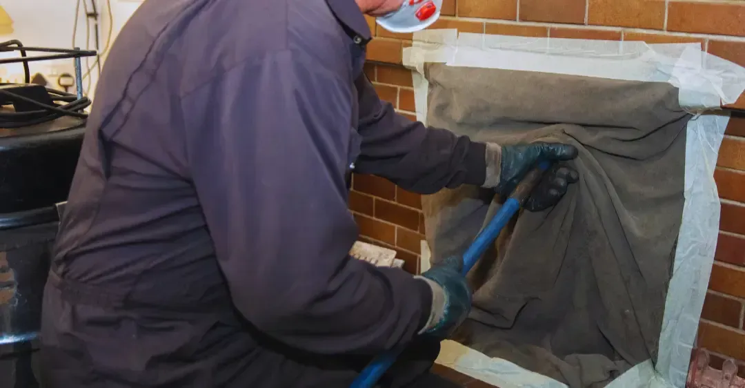 A man is cleaning a fireplace with a hose