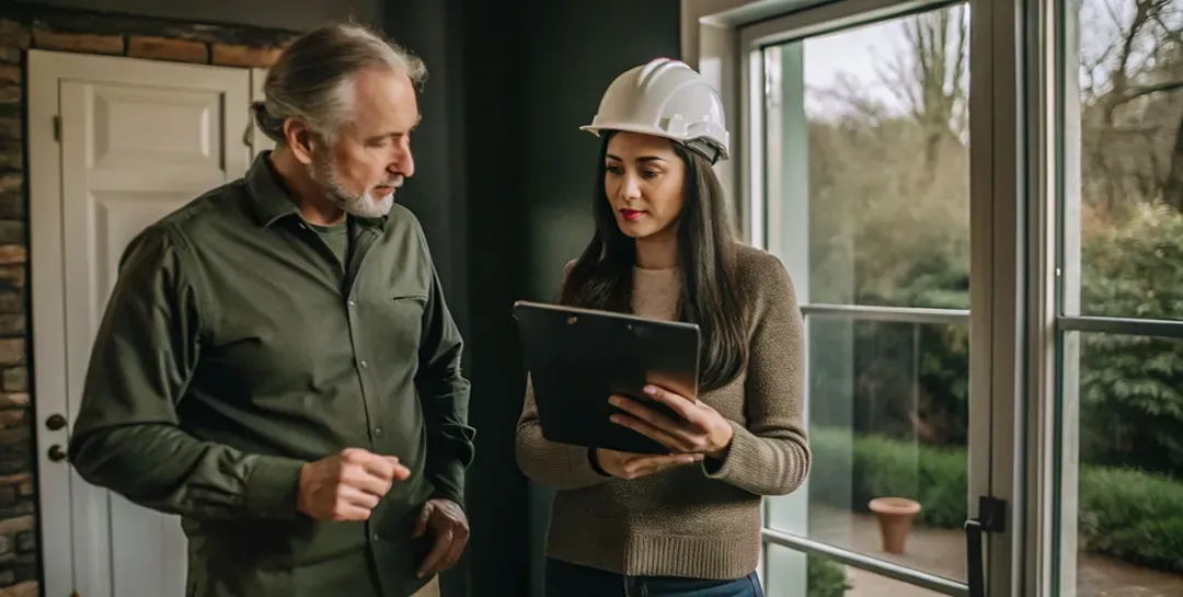 A man and a woman are standing next to each other in a room looking at a clipboard.