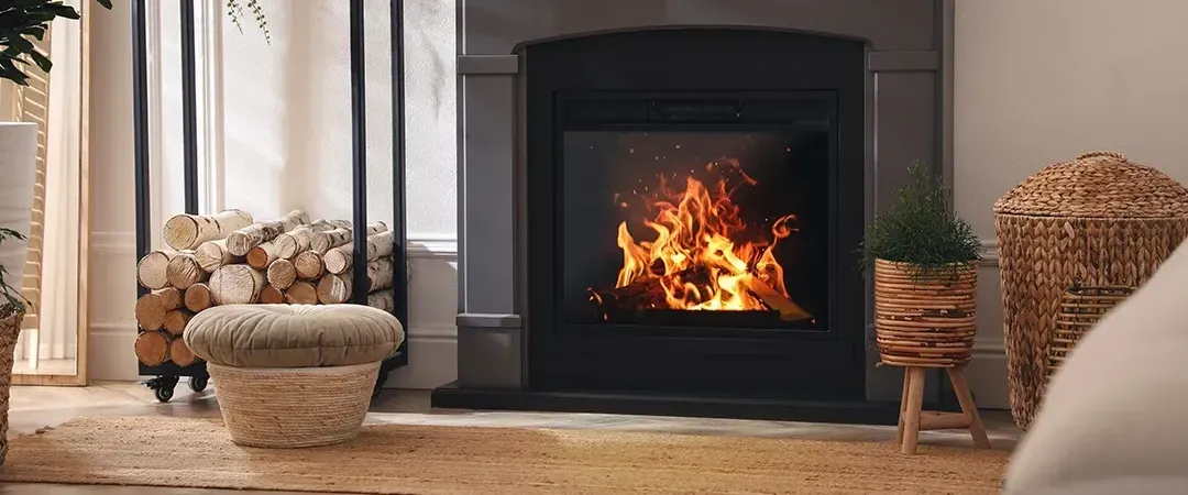 There is a fireplace in the middle of the living room.
