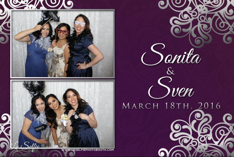 A photo booth with a purple background that says sonita and sven march 18th 2016