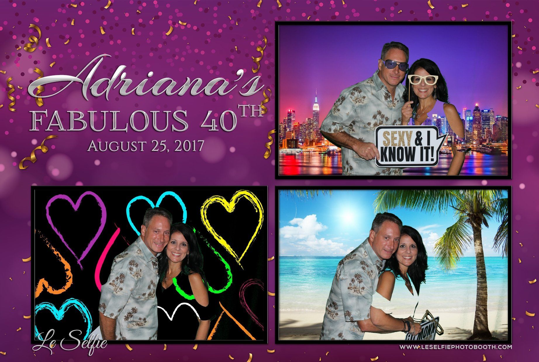 A man and woman are posing for a picture for adriana 's 40th birthday