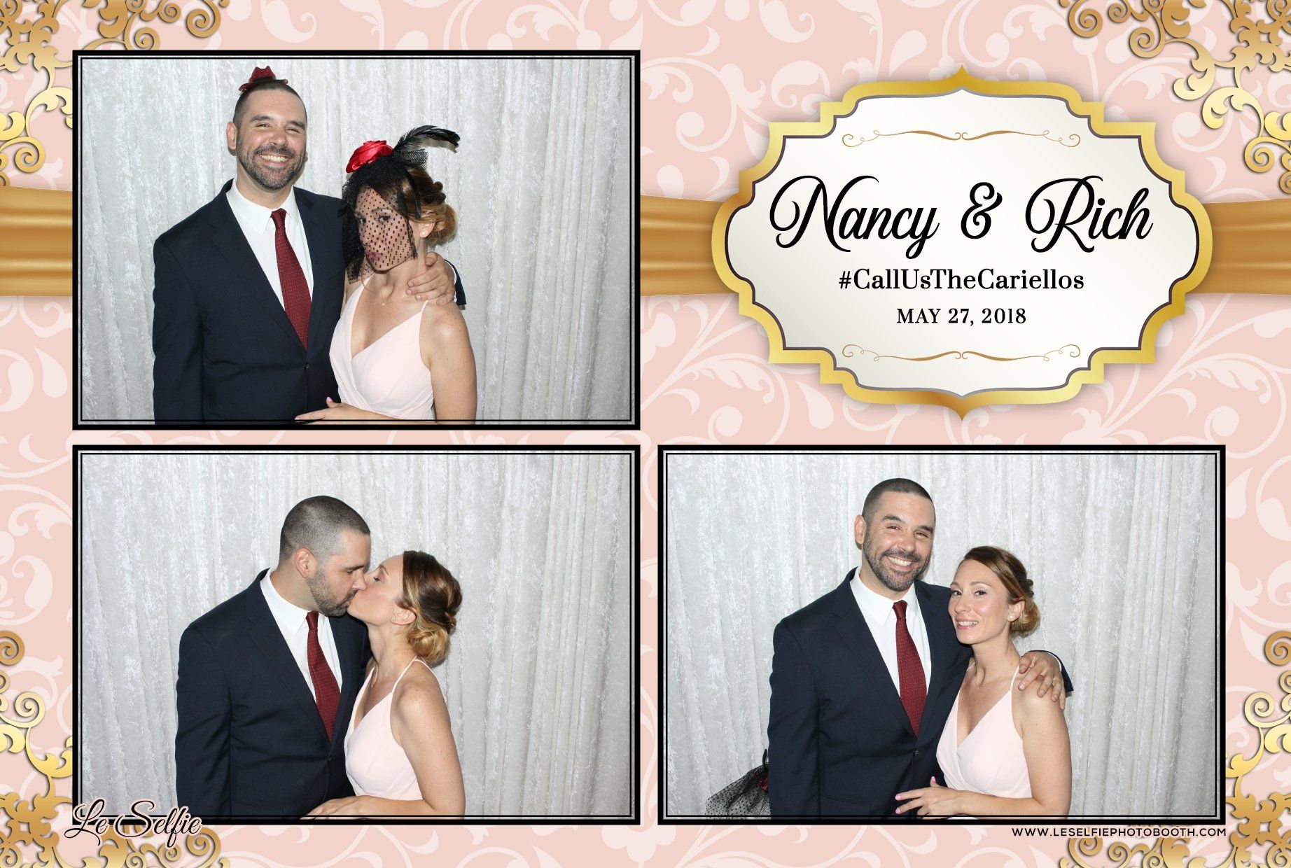 A bride and groom are posing for a picture in a photo booth.