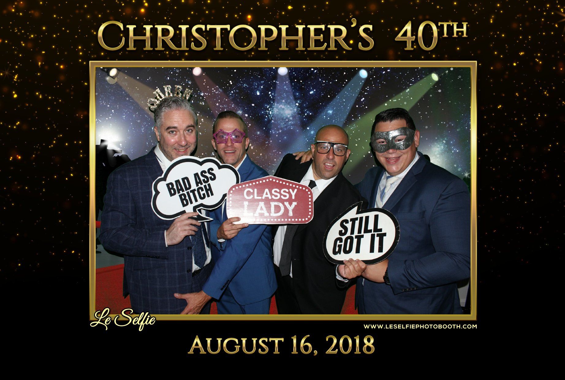 A group of men are posing for a photo at christopher 's 40th birthday