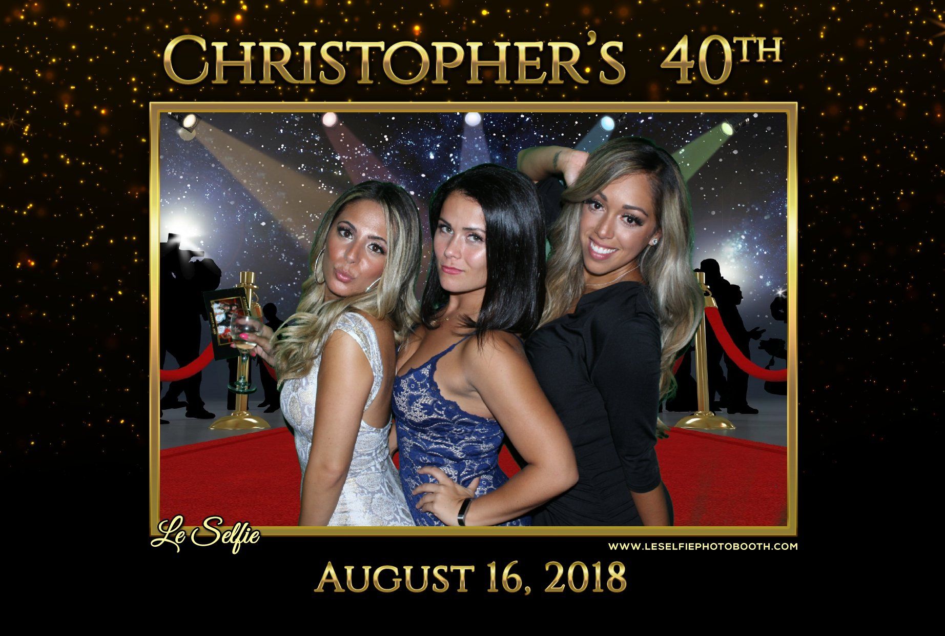 Three women pose for a photo on a red carpet for christopher 's 40th birthday