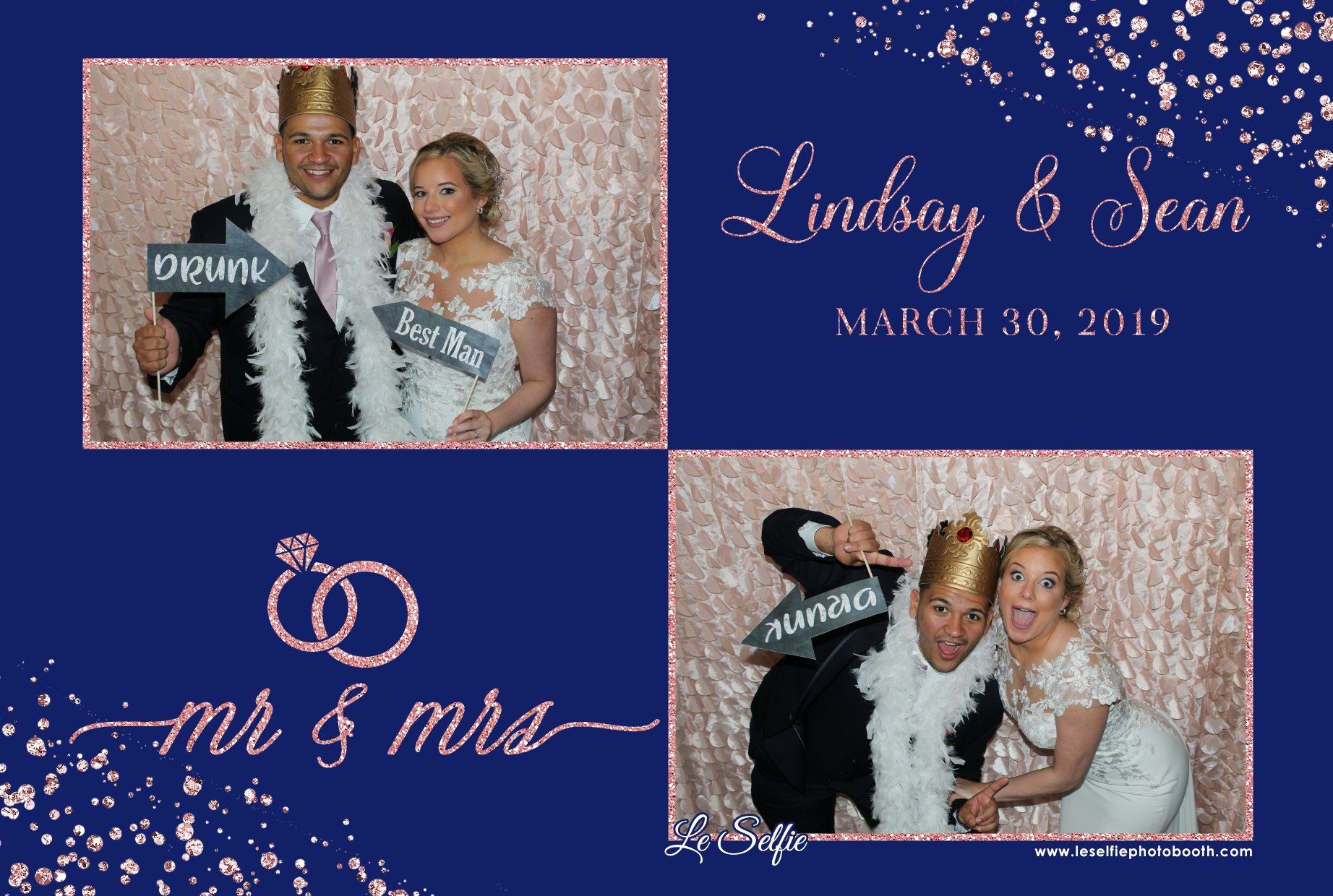 A bride and groom are posing for a picture in a photo booth.