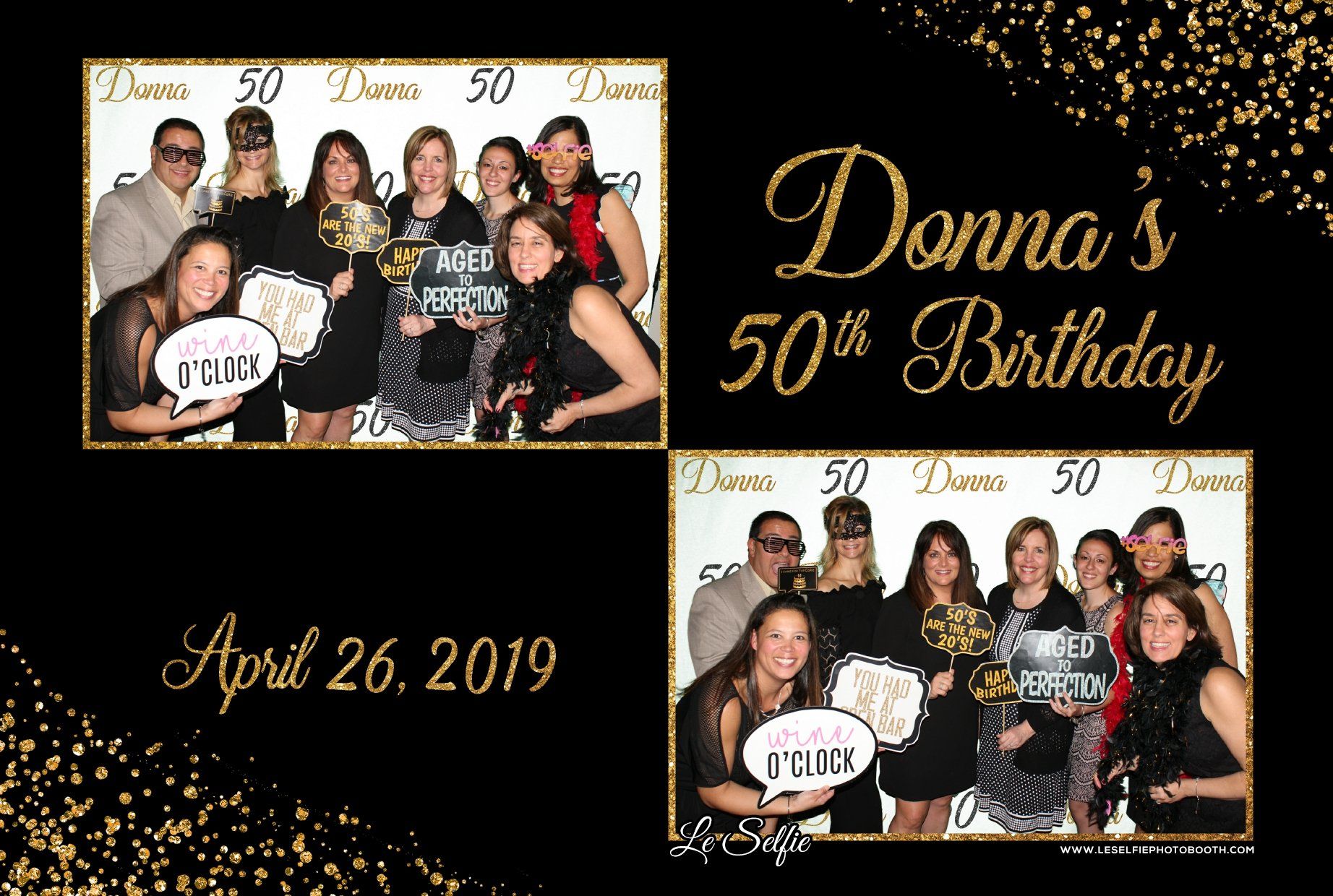 A group of people are posing for a picture in a photo booth for donna 's 50th birthday.