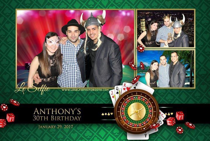 A group of people are posing for a picture in a photo booth for anthony 's 30th birthday.