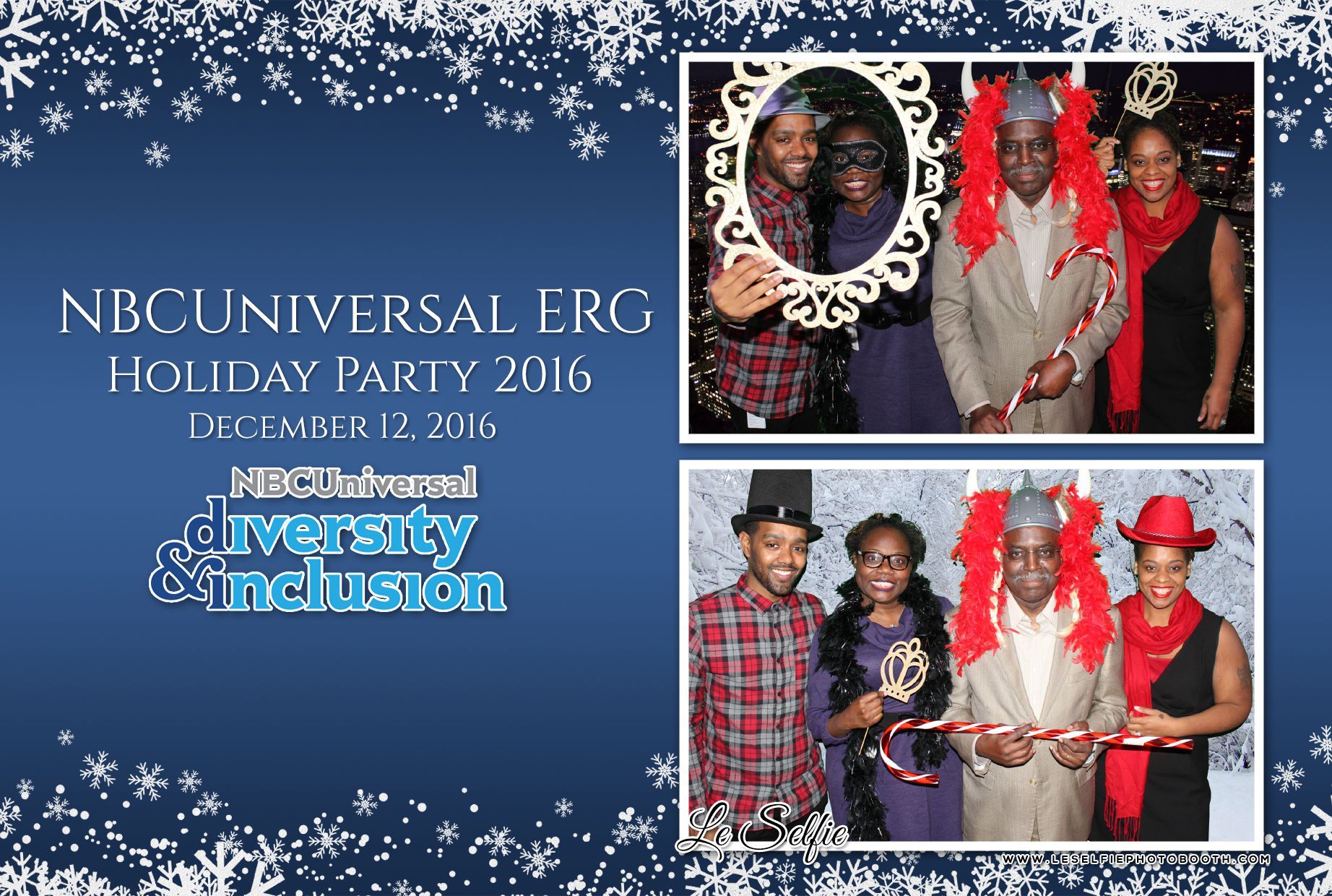 A group of people are posing for a picture at a nbc universal erg holiday party