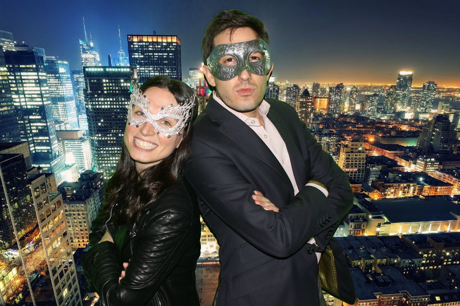 A man and a woman wearing masks are posing for a picture.