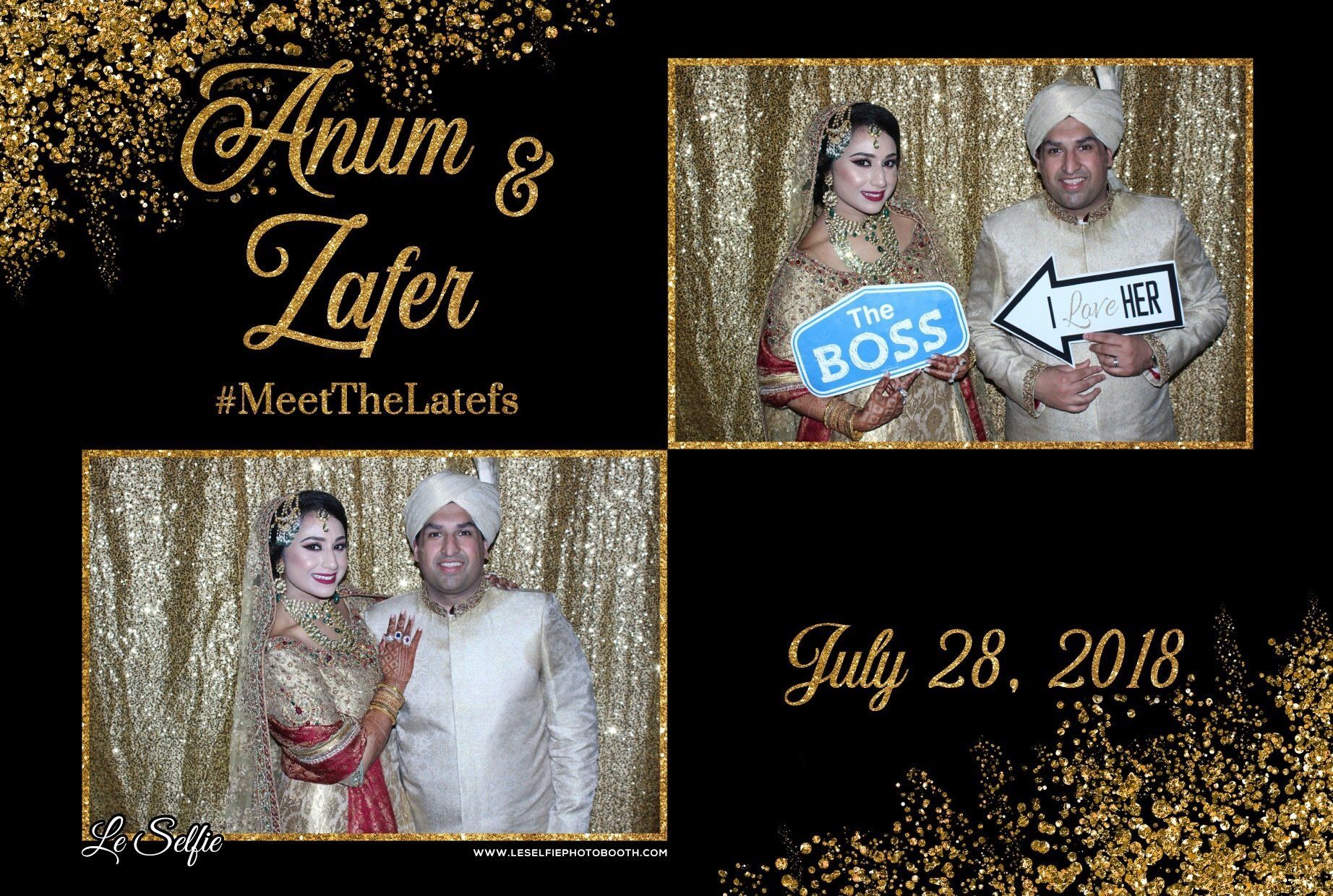 A bride and groom are posing for a picture in a photo booth.
