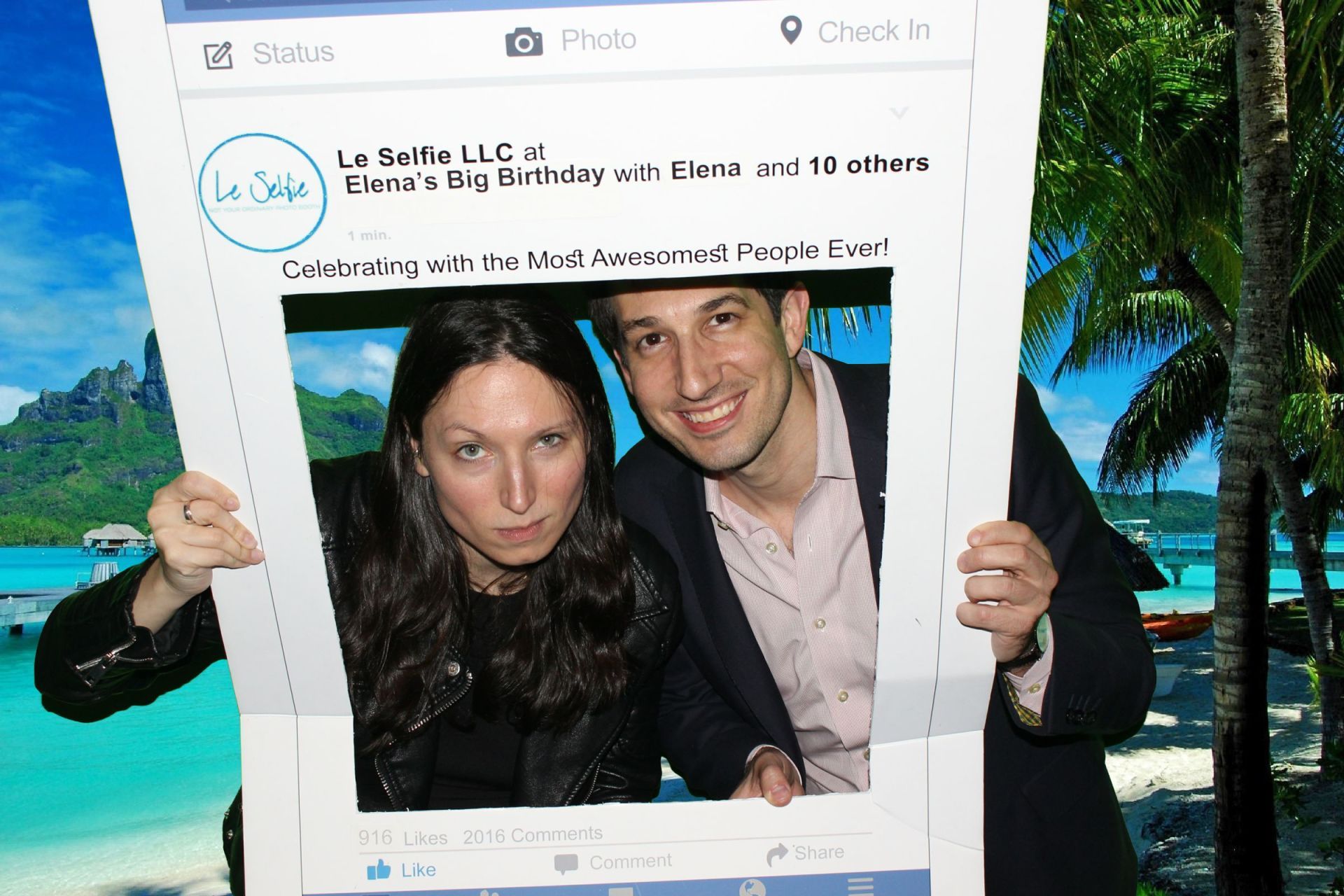A man and a woman are posing for a picture in a facebook frame.