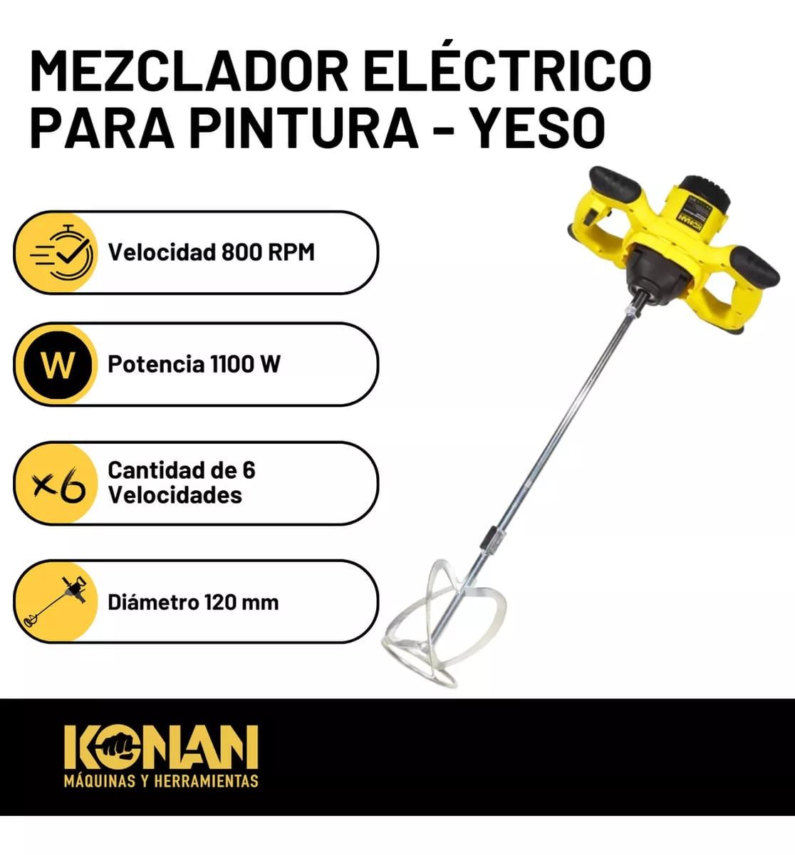 Mezclador Pintura Multiuso Cemento Yeso Enduido Konan 1100W
