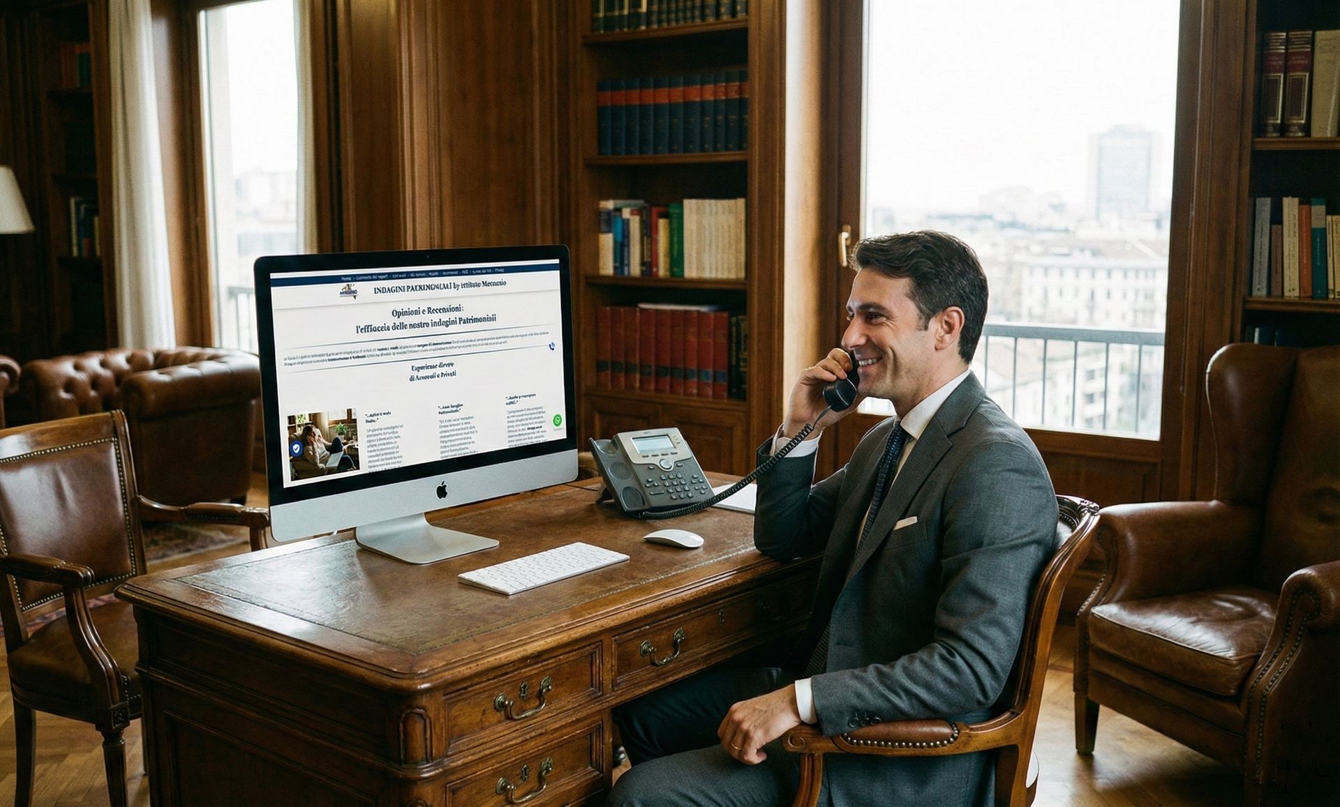 Professionista consulta report investigativo al pc e telefona per consulenze investigative gratuite