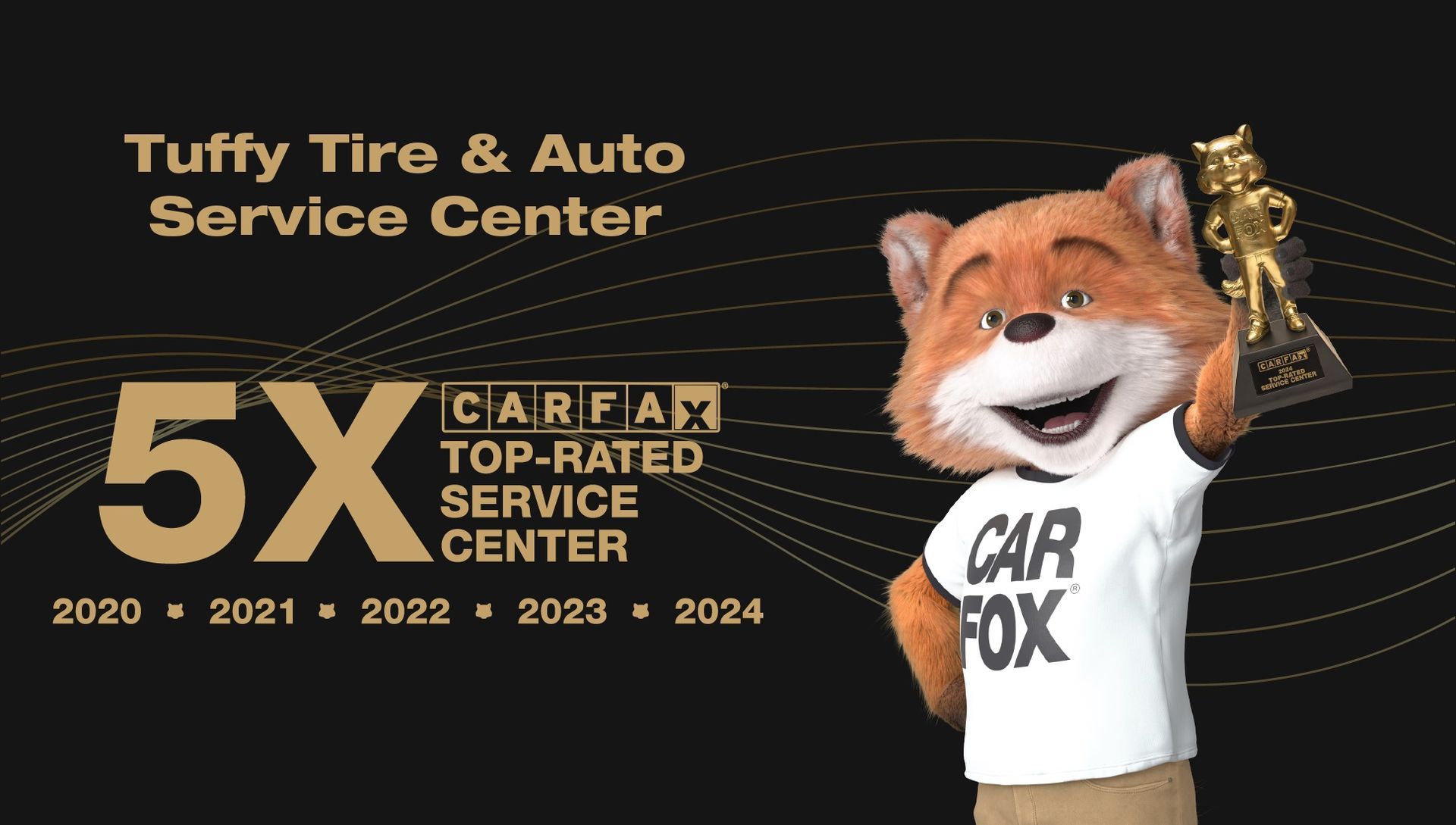 Tuffy Tire & Auto Service Center logo with the Carfax mascot holding a trophy, celebrating a 5x top-rated service award.