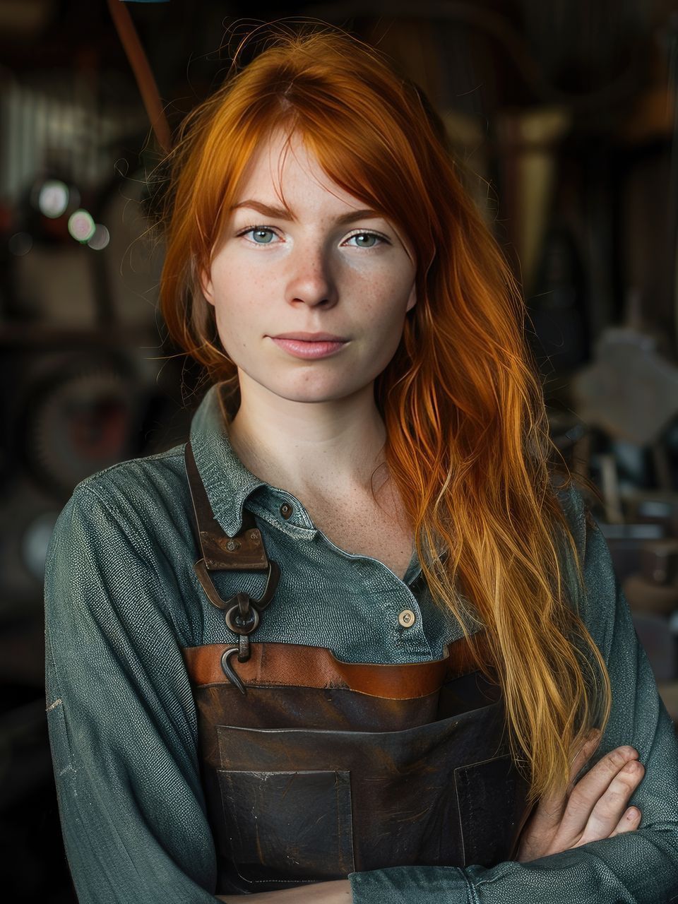 A woman with red hair is wearing an apron and a green shirt.