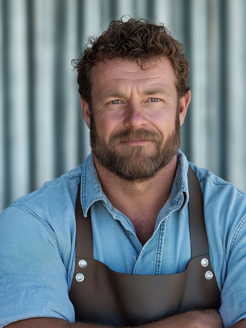 A man with a beard wearing an apron and a blue shirt