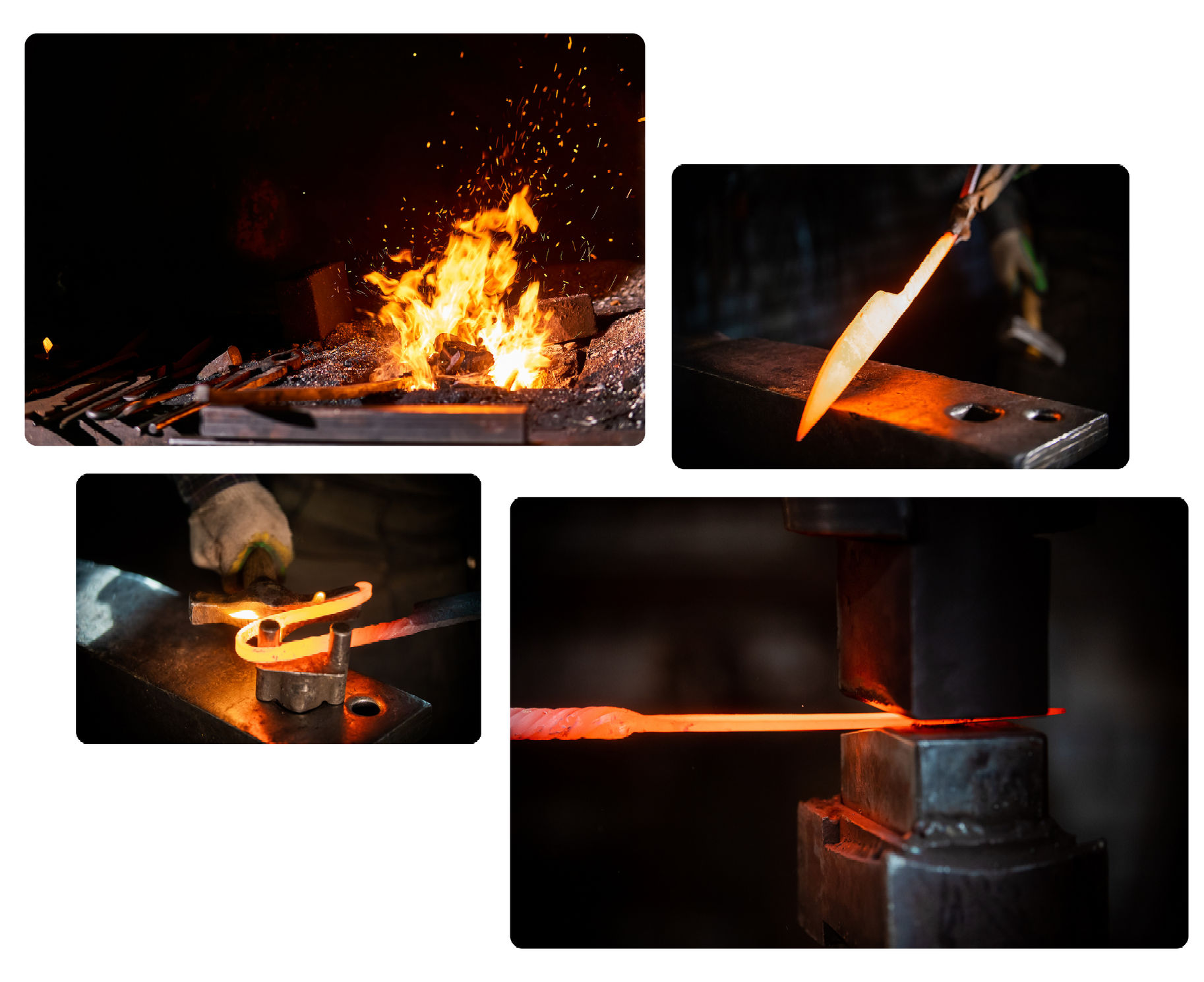 A collage of four pictures of a blacksmith working on a piece of metal.