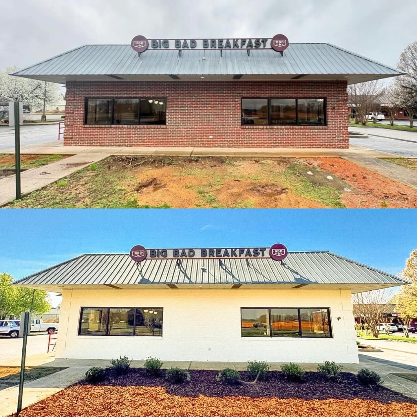 A before and after photo of a big bag breakfast restaurant
