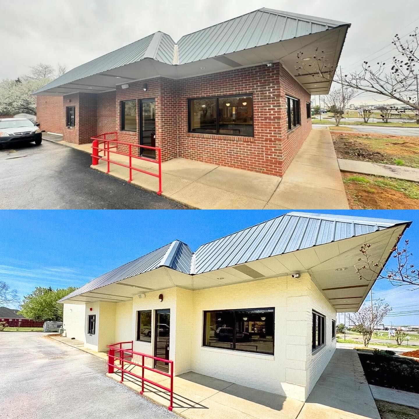 A before and after photo of a brick building