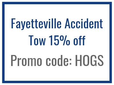 Fayetteville accident tow service, 15% off. Promo code: HOGS, within a blue box.