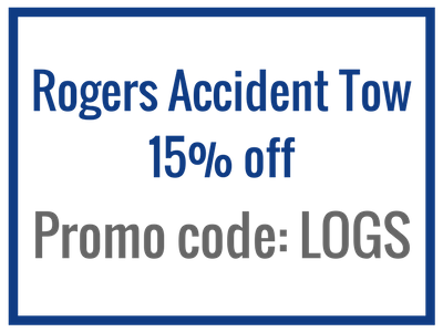 Blue-bordered ad: Rogers Accident Tow, 15% off. Promo code: LOGS.