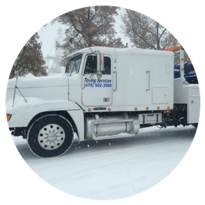 White tow truck in snowy conditions; the side of the truck reads “Towing Services” with a phone number.