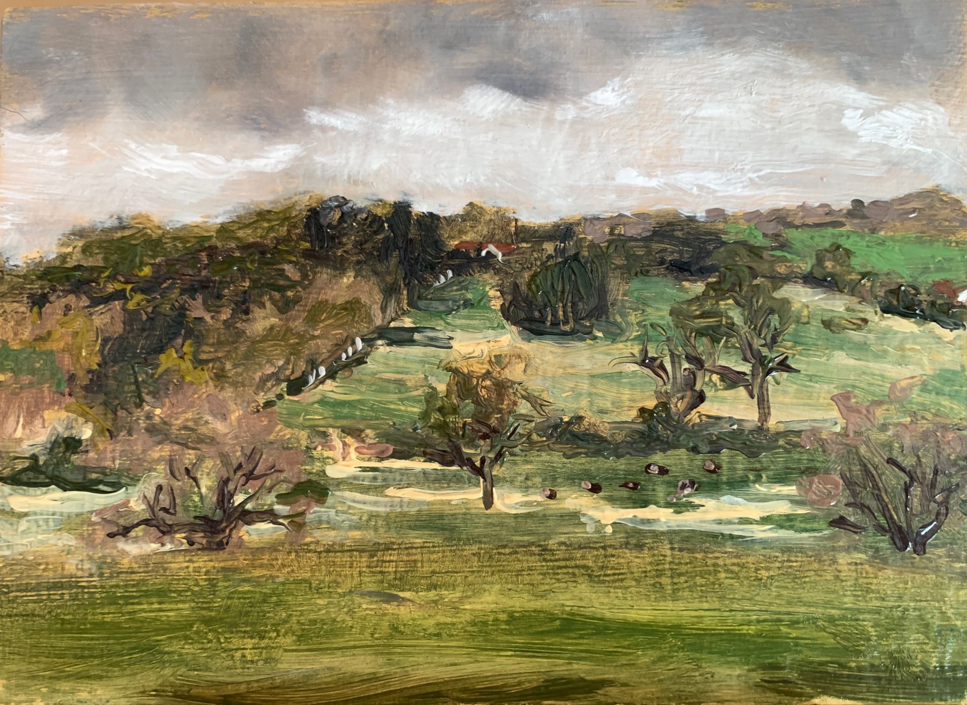 Cloudy Day, Rendham, oil on board, 7 x 5 framed 