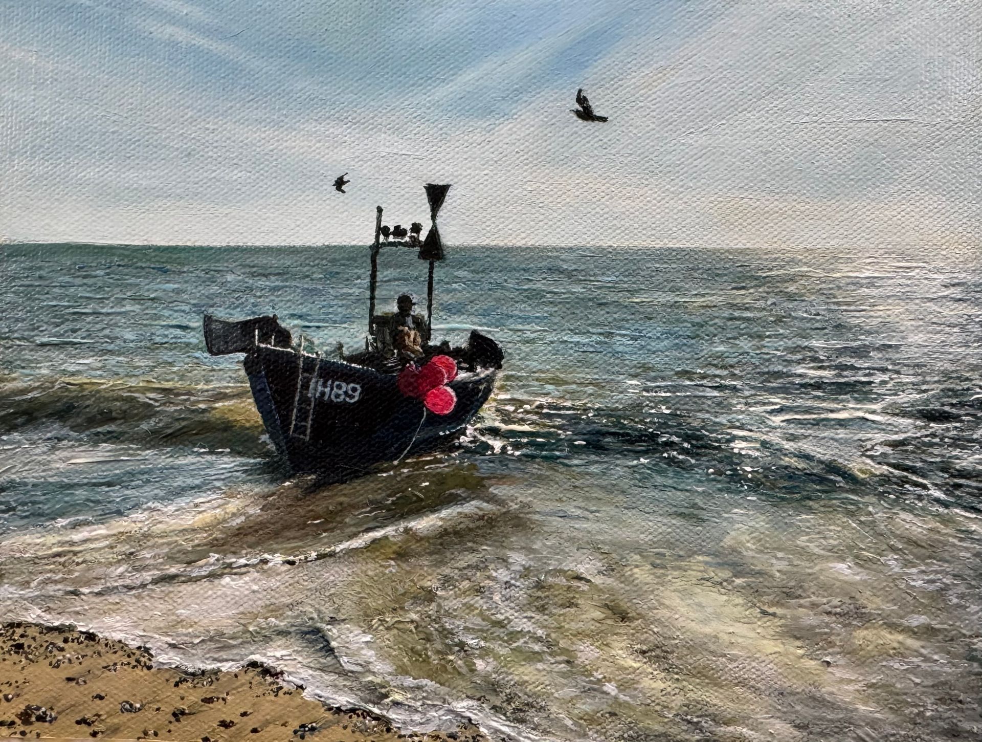 Off to Sea, Noel the Fisherman, Sizewell, oil on canvas, 8 x 6, framed