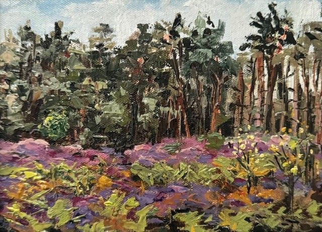 Purple Heath, Tunstall Road, oil on canvas, 19.5 x 14cm, framed