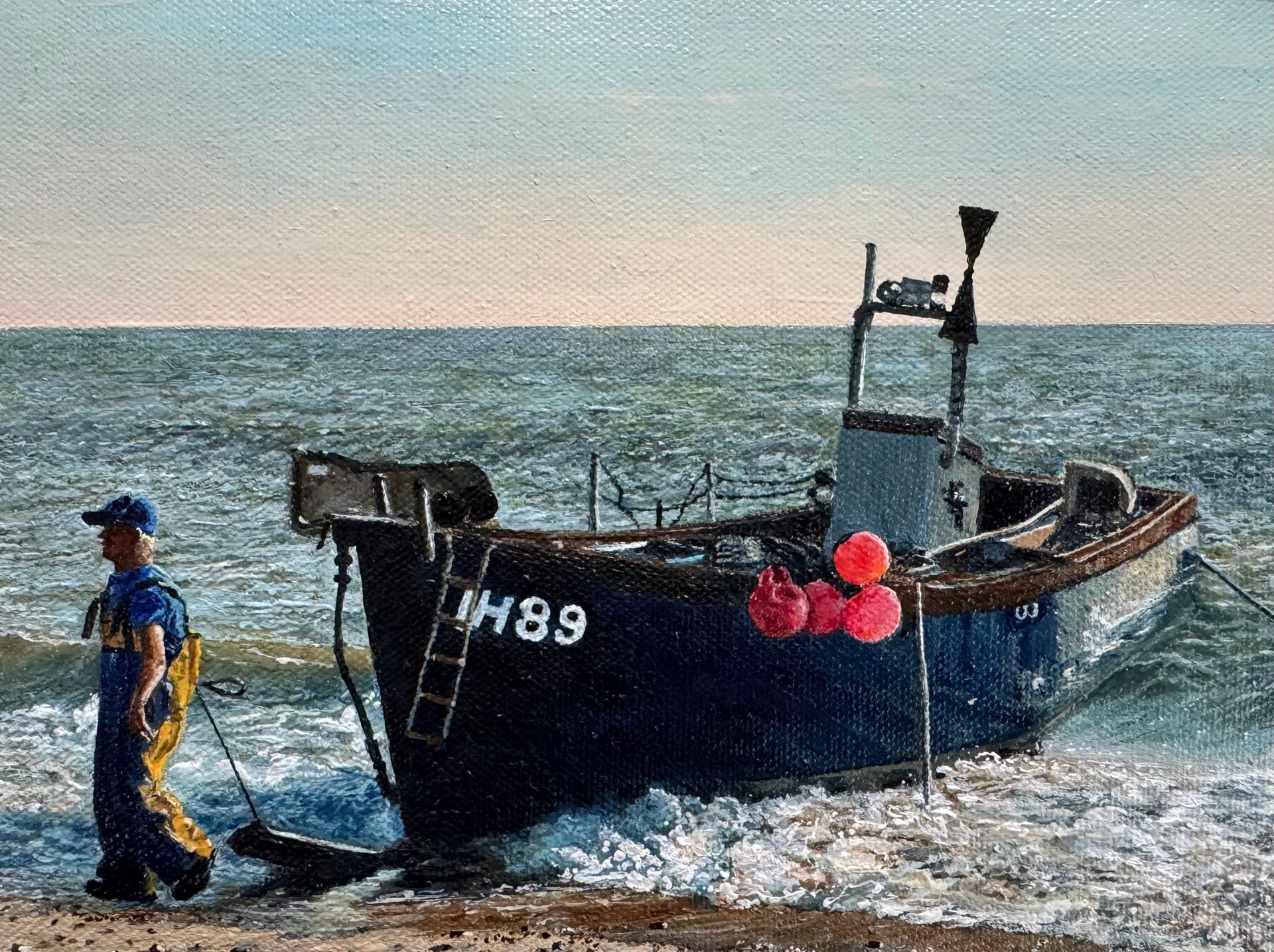 Coming Home, Noel the Fisherman, Sizwell, oil on canvas, 8 x 6, framed. jpeg