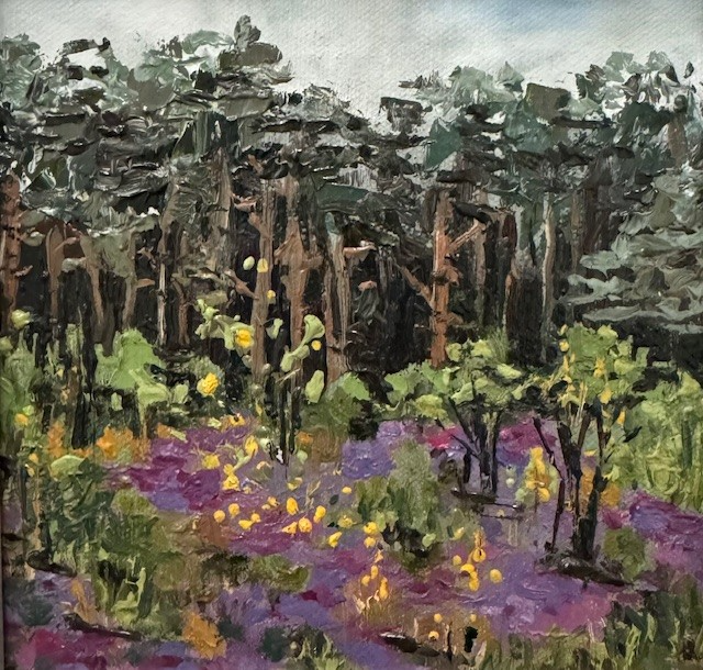 Purple Bloom, Tunstall Road, oil on canvas, 6 x 6, framed