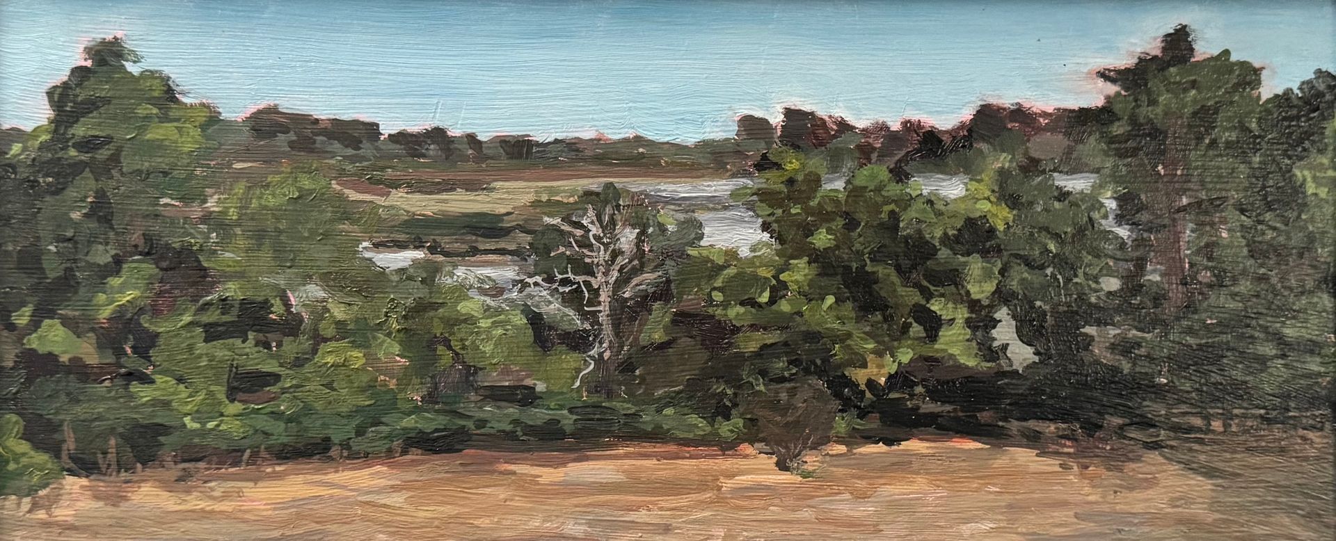 Alde View in June, oil on board, 31.5 x 13cm, framed