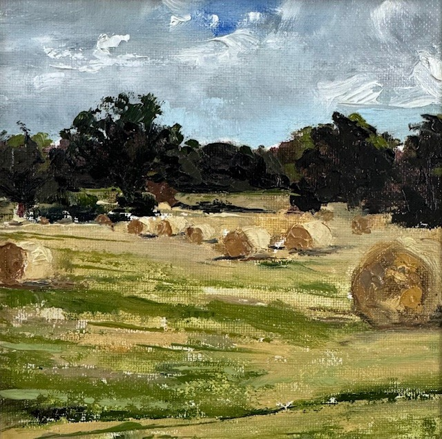 14. Hay Bales, Tunstall, oil on canvas, 14.2 x 14.2cm, framed