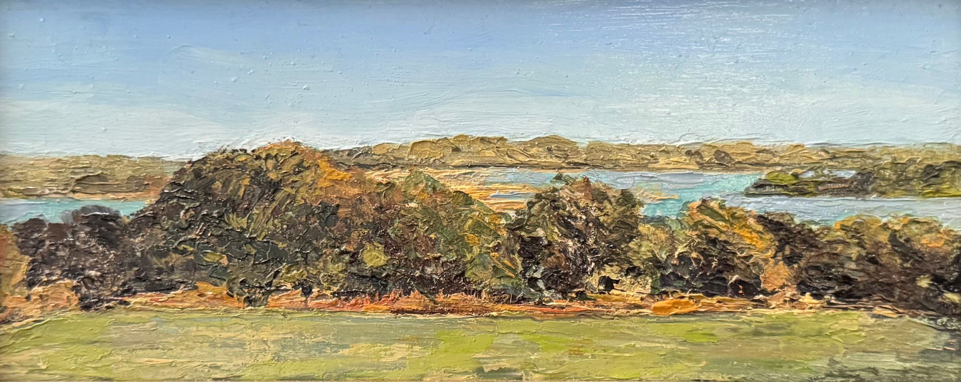 Iken Picnic View, oil on board, 23.5 x 9.5cm, framed