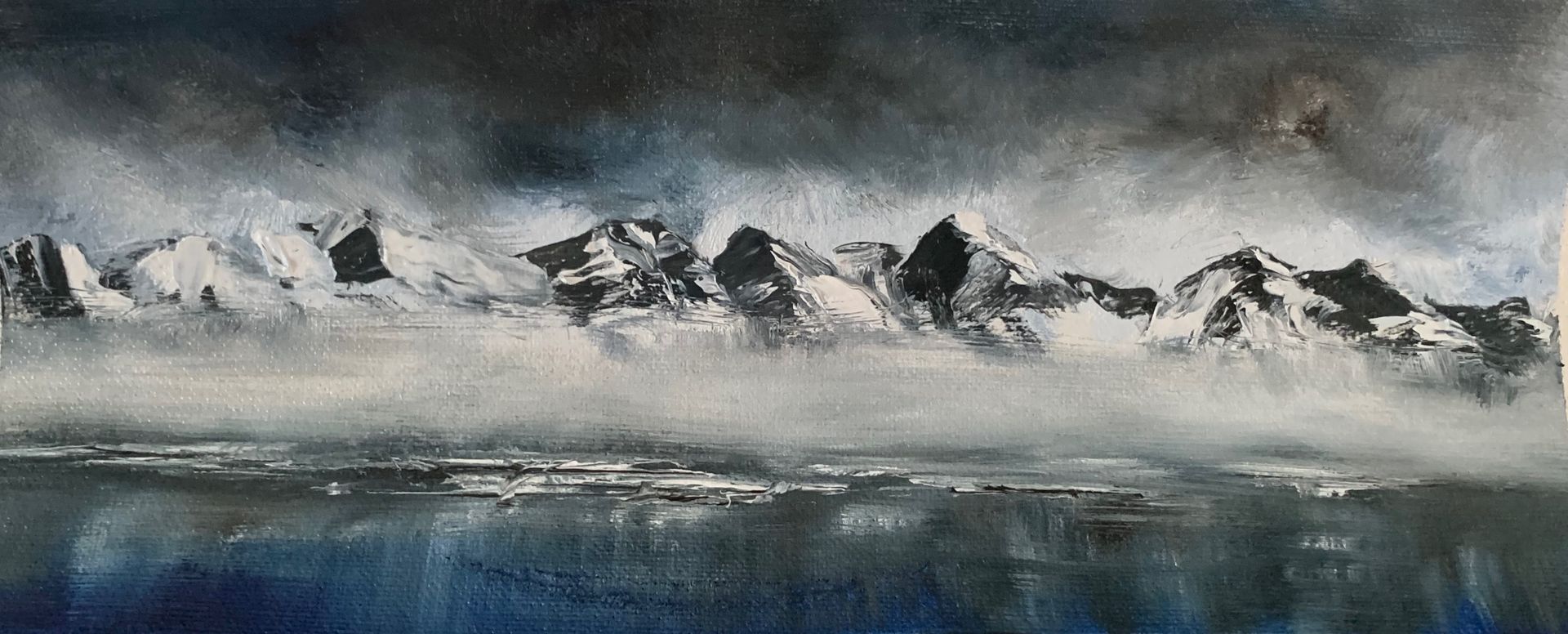 Dark Misty Mountain Lake, oil on canvas, 27.2 x 9.2cm, framed