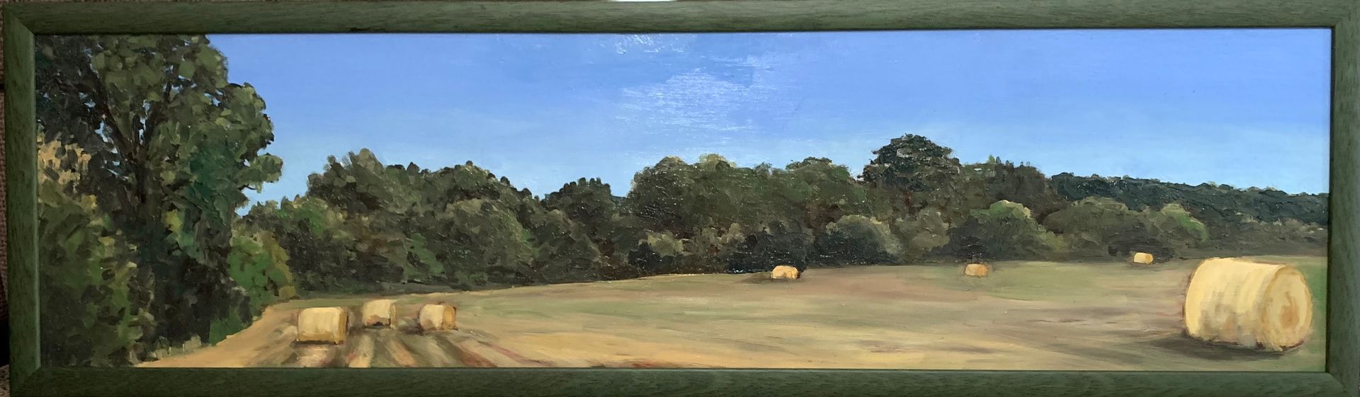 Hay Bale Harvest, Rendham, oil on board, 91 x 23.5cm, framed 