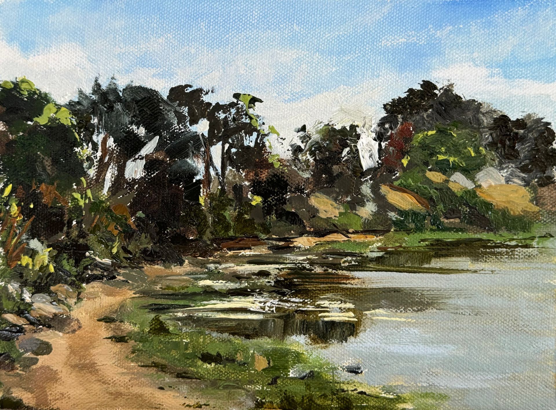 SOLD - High Tide, Iken, oil on canvas 19.2 x 14.1cm, framed