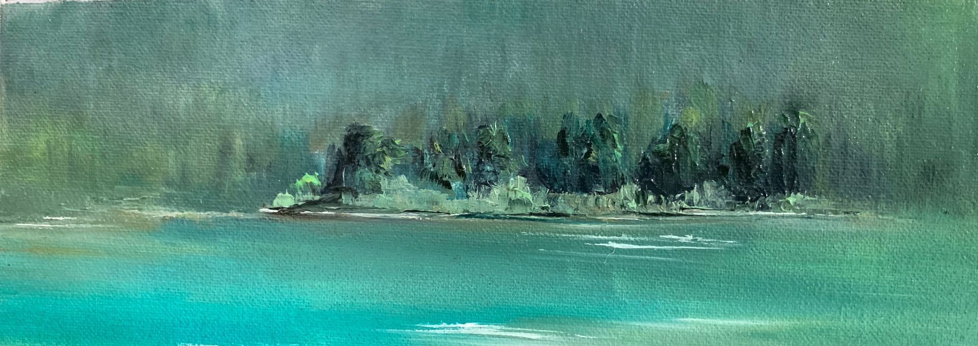 SOLD - Forest Lake, oil on canvas, 27 x 8cm, framed