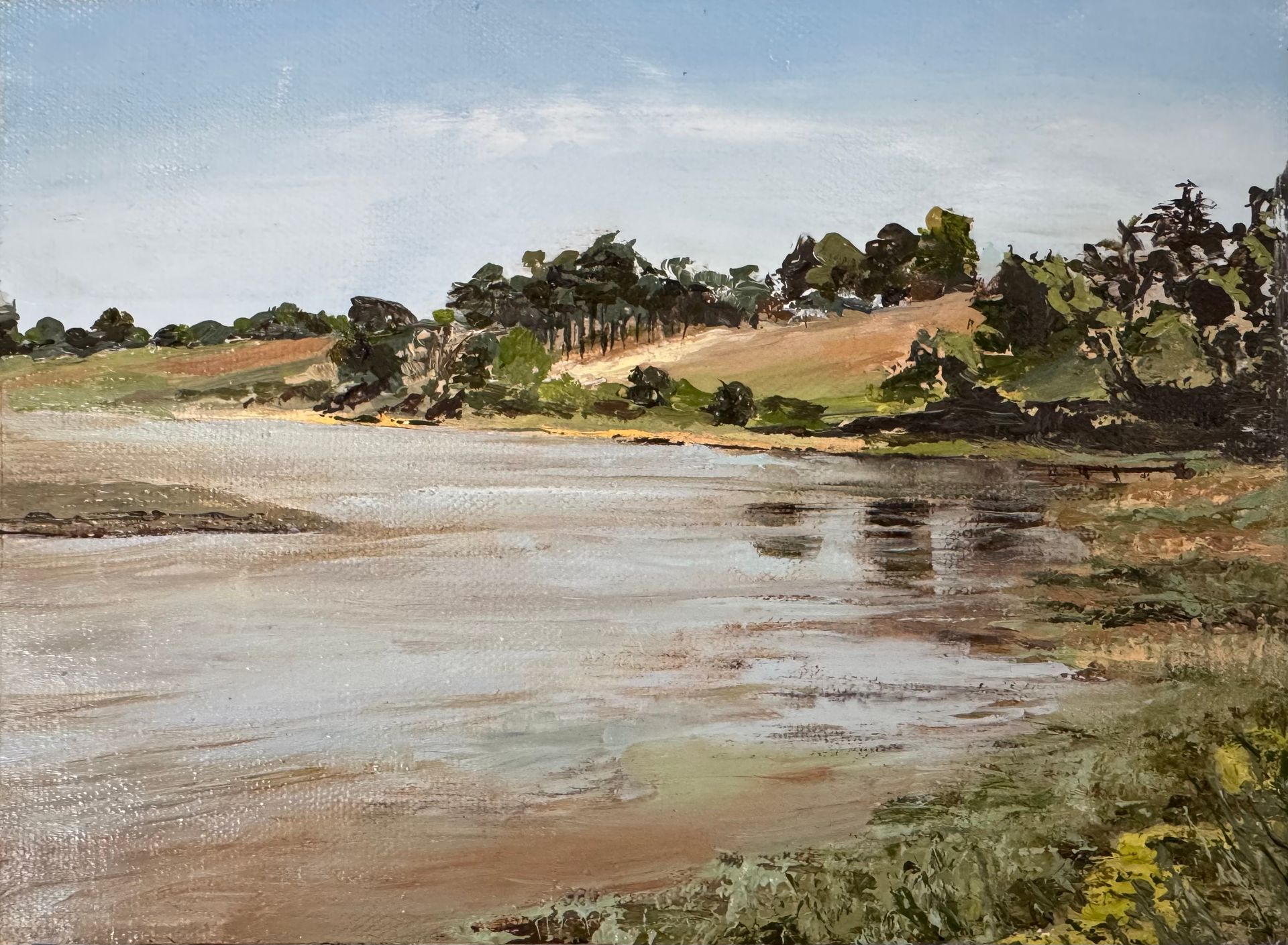 SOLD - River Alde, Reflections, Iken, oil on canvas, 20 x 14.5cm, framed