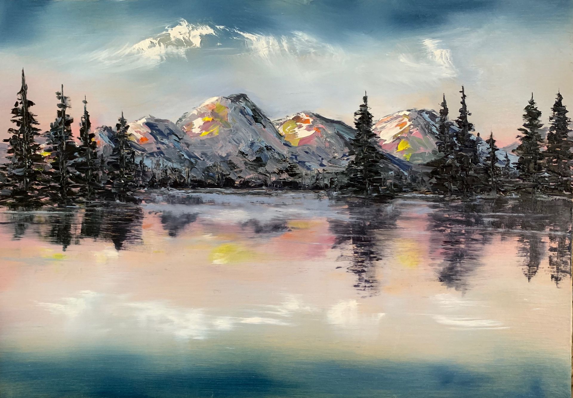 Winter Lake Reflections, oil on board, 28.7 x 19.8cm, framed
