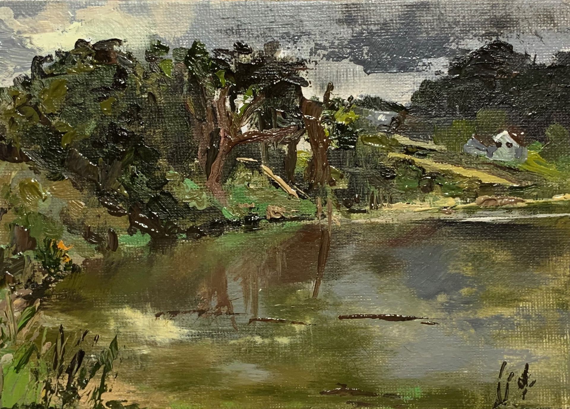  Autumn High Tide Reflections, Iken, oil on canvas, 16.5 x 11.8cm, framed