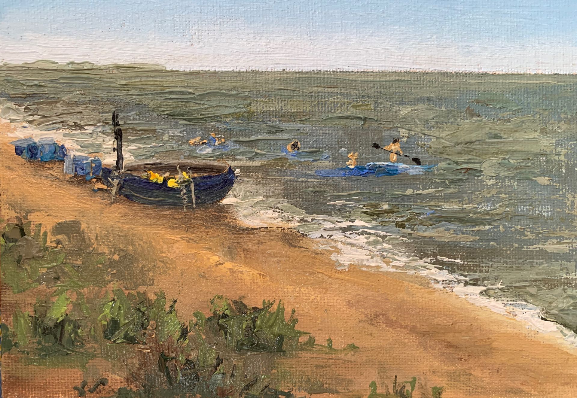 Canoeing at Sizewell, oil on canvas, 7 x 5, framed