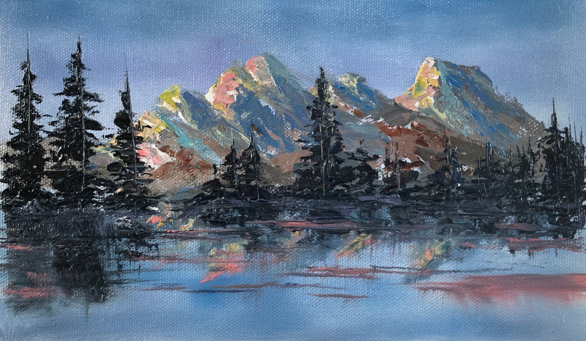 Mountain Lake Reflections, oil on canvas, framed