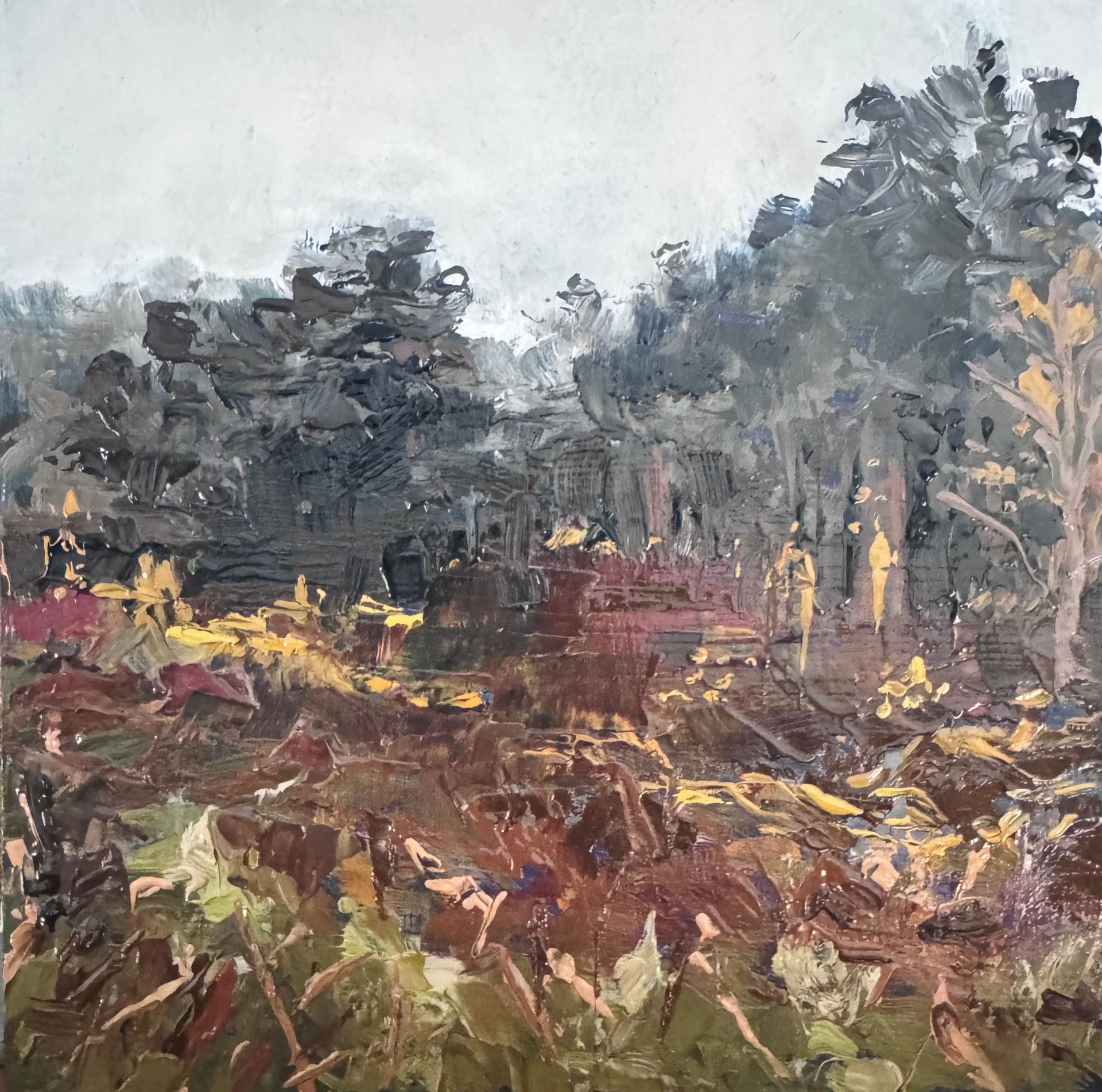  SOLD - Overcast, Tunstall Heath, oil on board, 14.5 x 14.5cm, framed