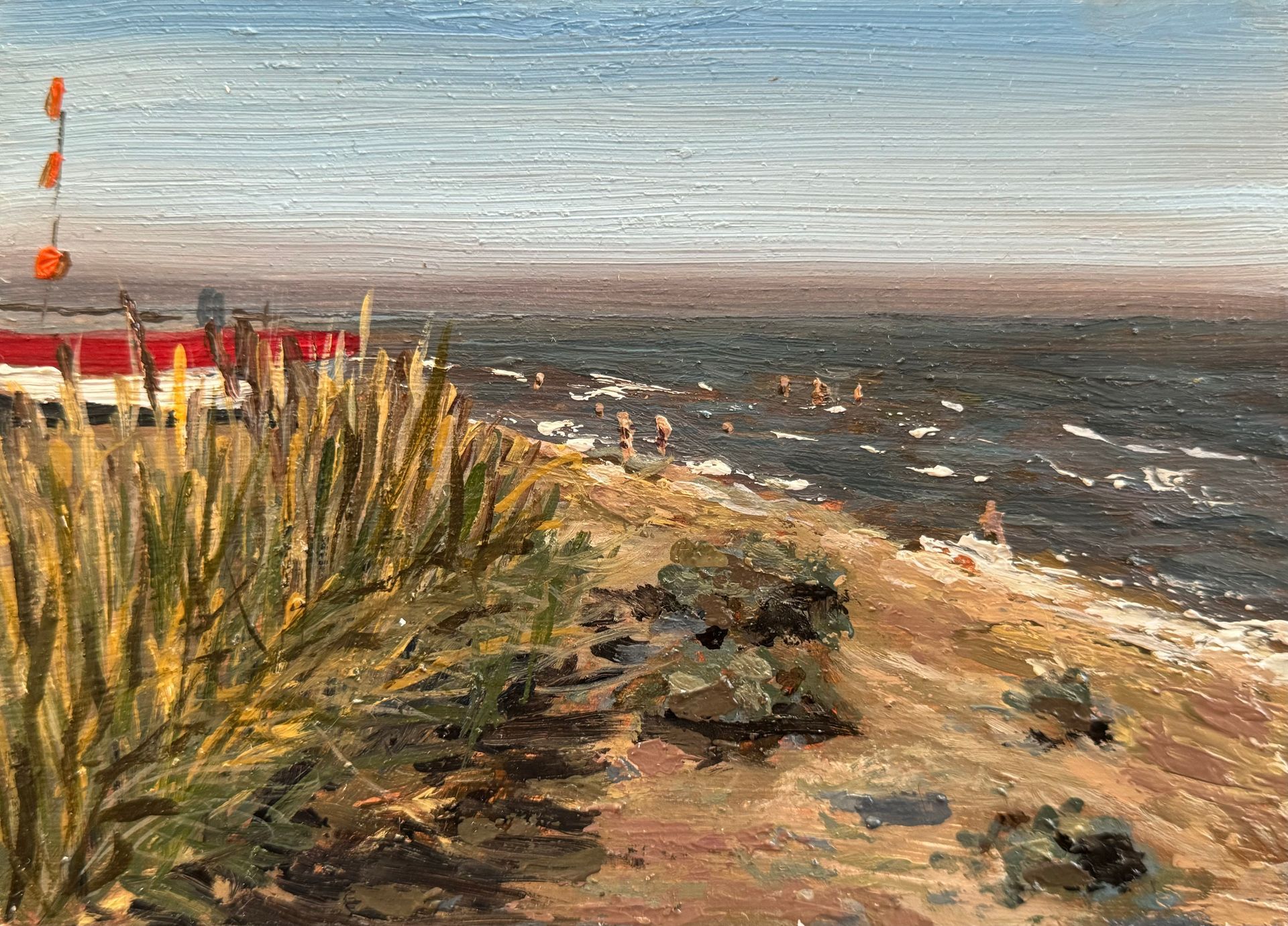 Sizewell Swimmers, oil on board 7 x 5, framed