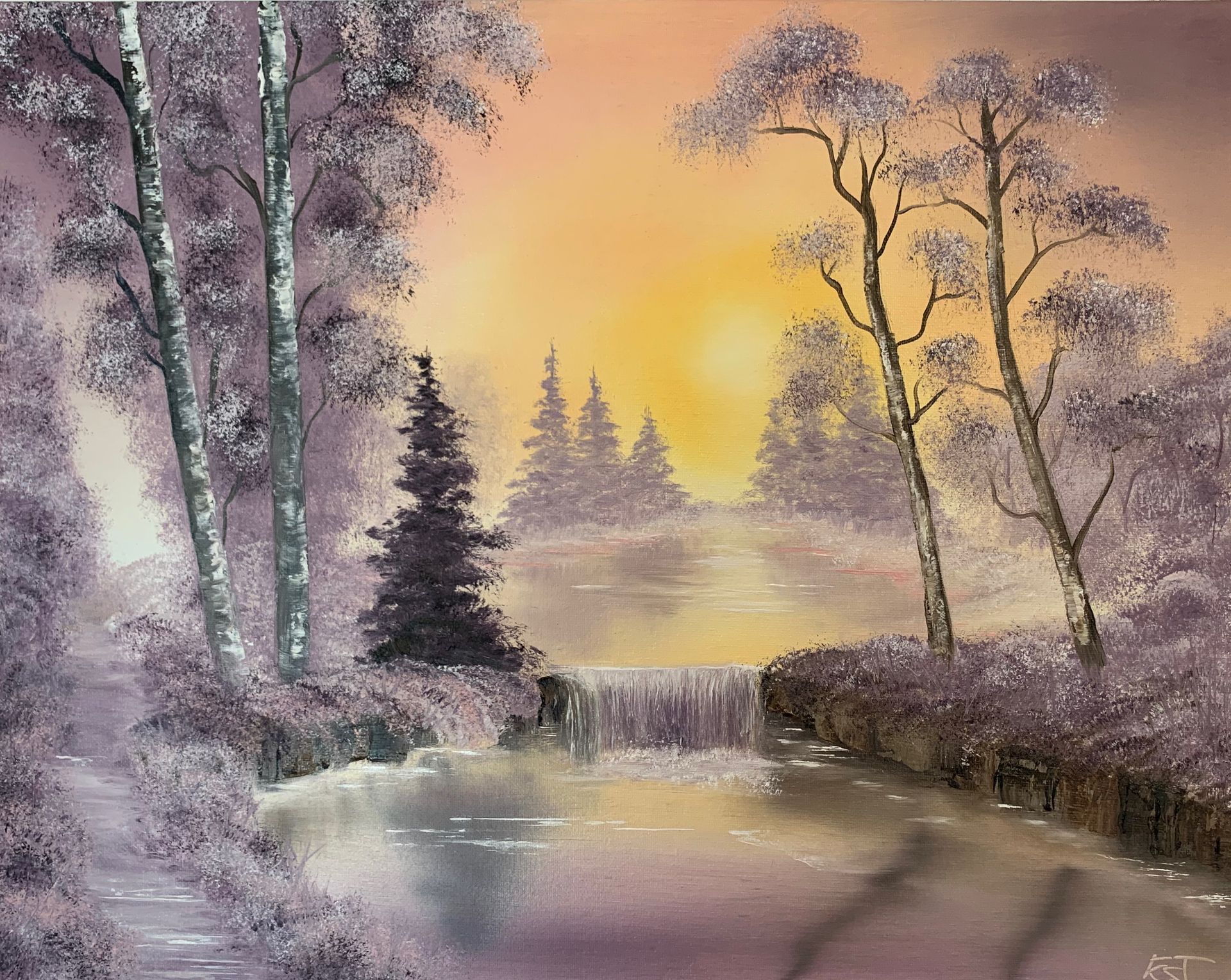Winter Waterfall and Sunset, oil on canvas, 20 x 16, framed