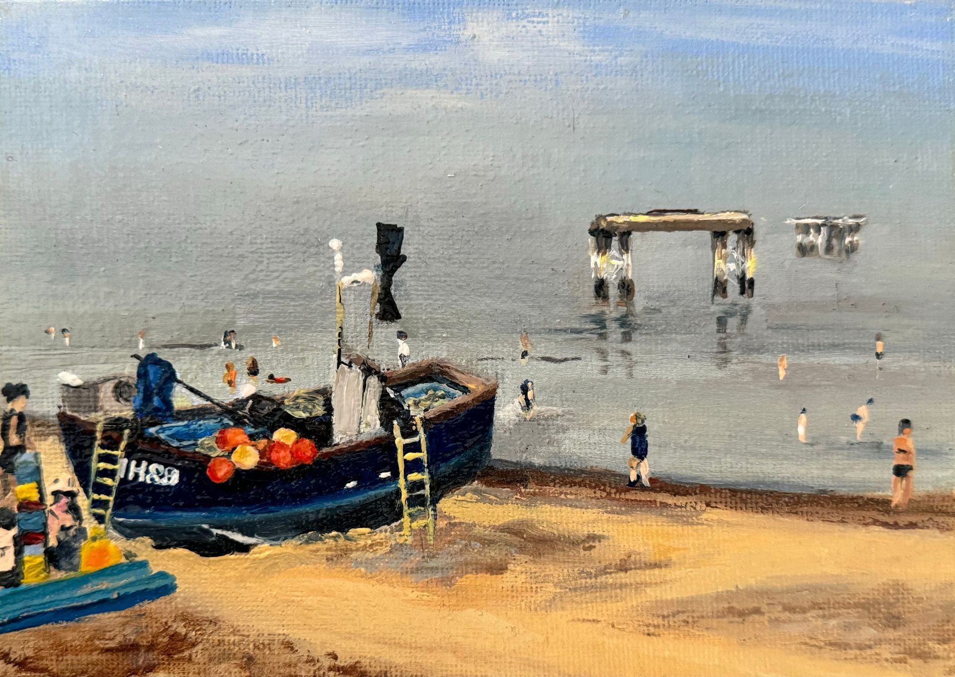 SOLD - Summer Fun, Sizewell, oil on canvas, 7 x 5, framed