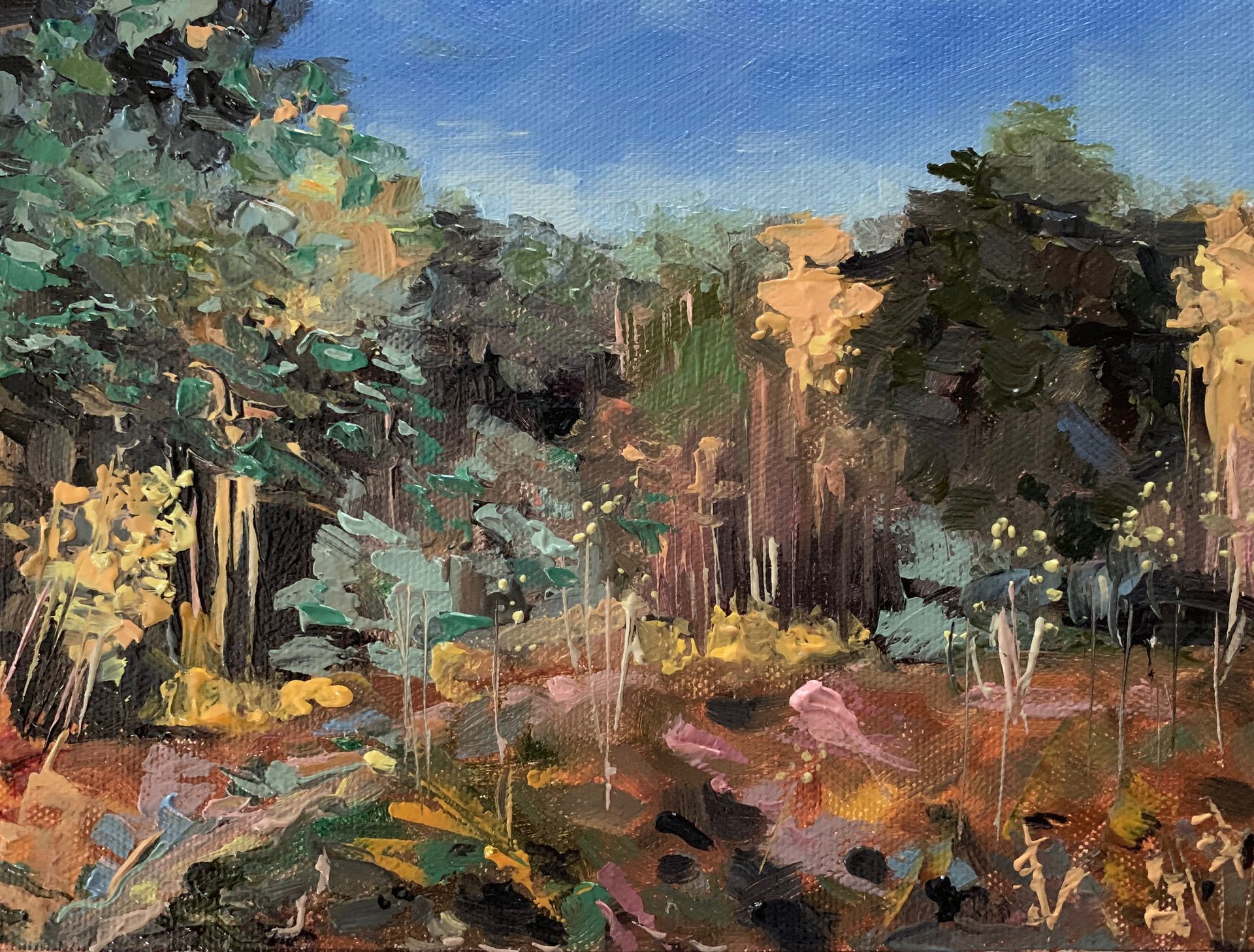 Tunstall Health in bloom, oil on canvas, 20 x 14.5cm, framed